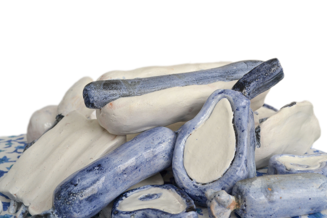 Fancy Meat Snack Party. Earthenware, majolica, and cobalt glaze. 2014