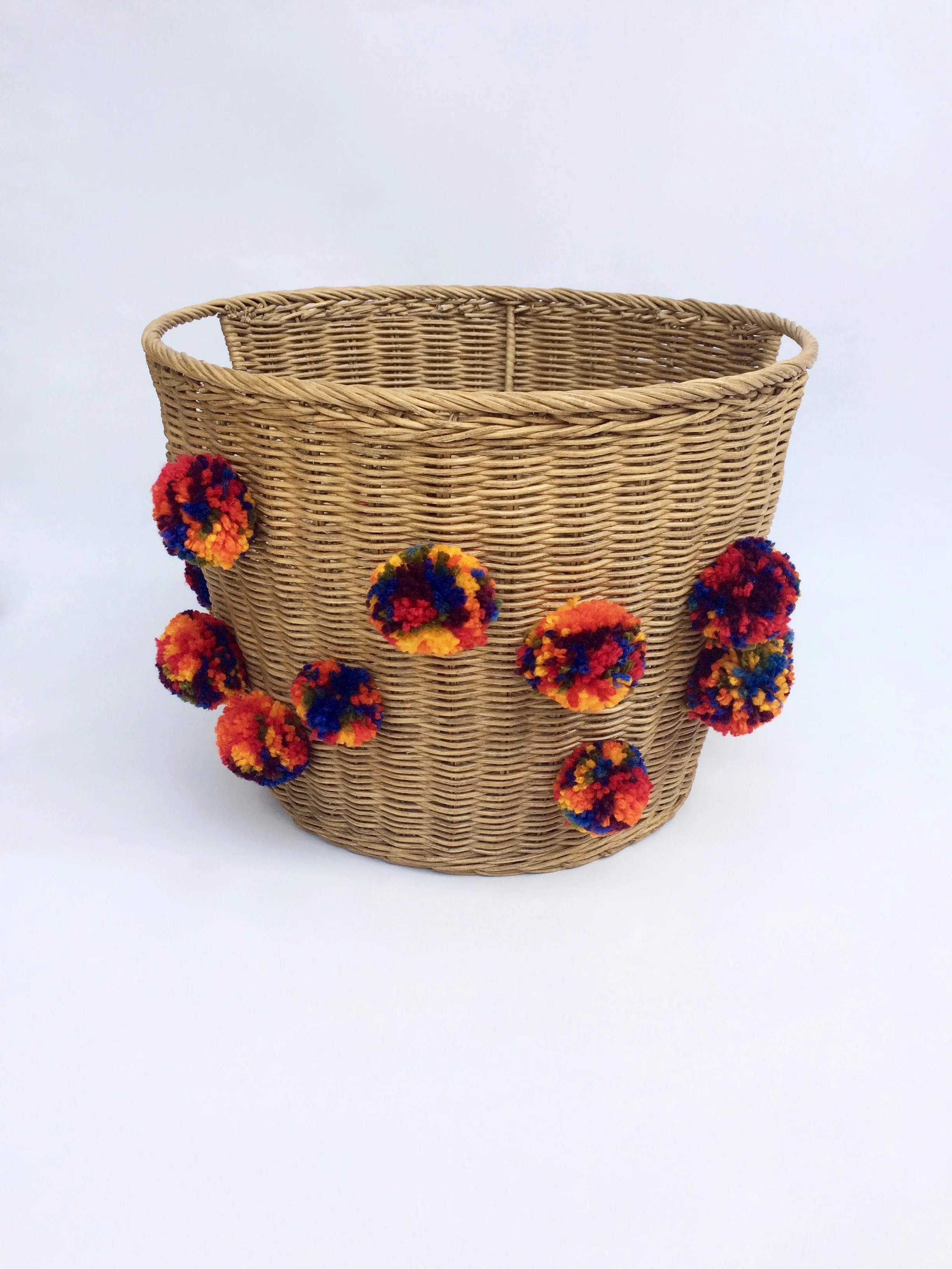 Serape Basket, Multi Colored Pom Pom