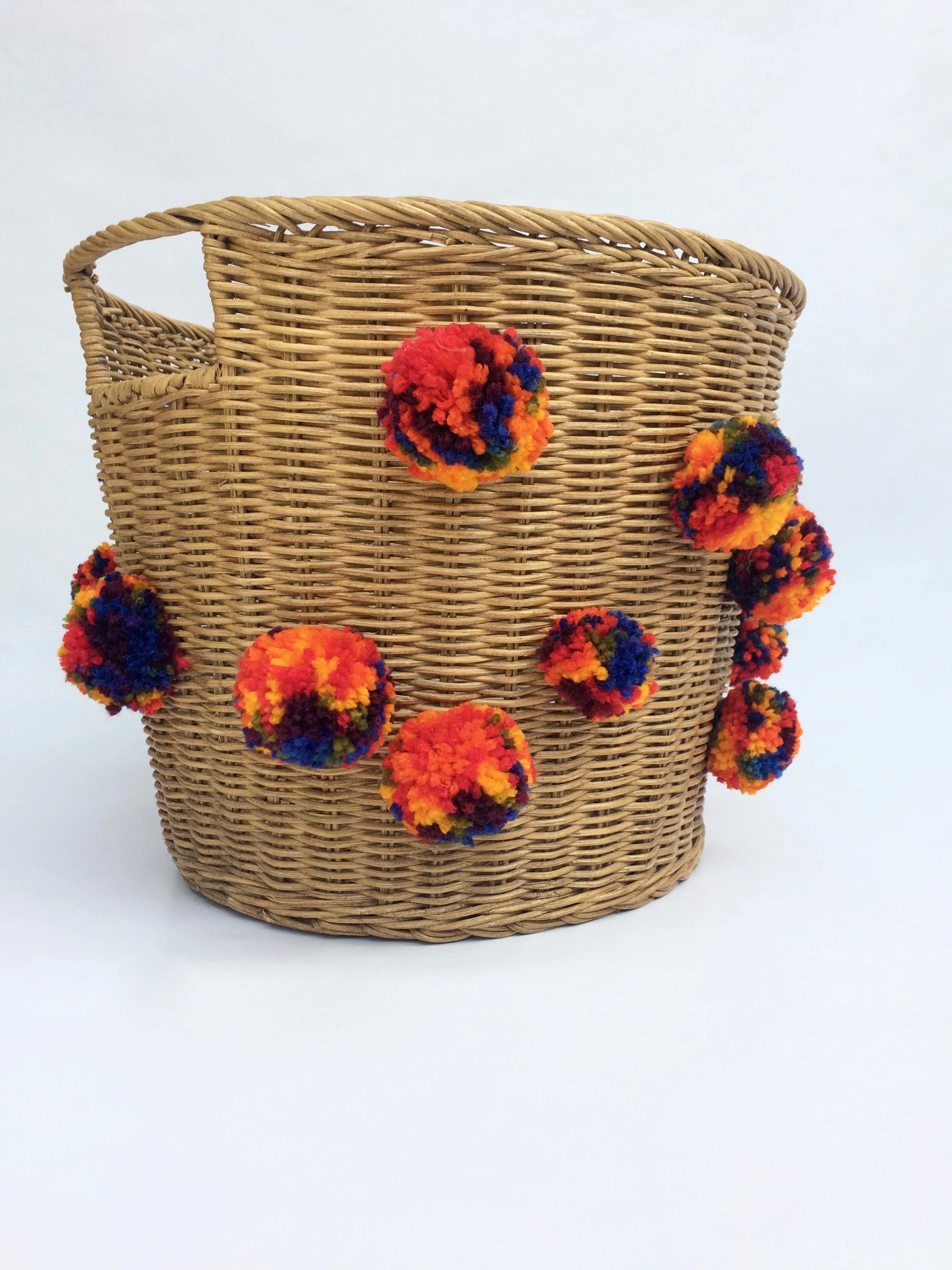Serape Basket, Multi Colored Pom Pom 3