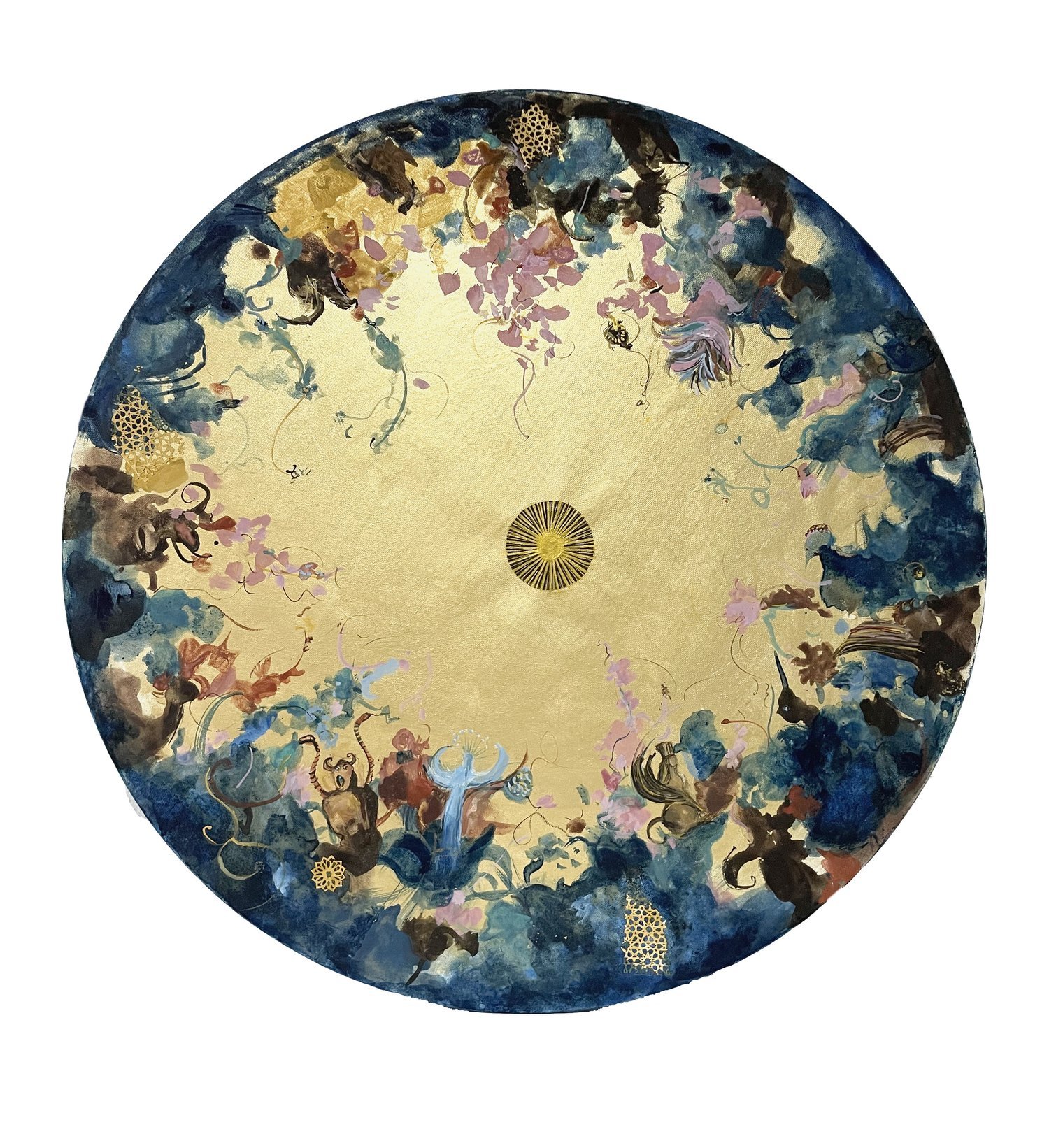   Anahita by Sayeh Behnam   30” diameter, Saffron threads, mica, minerals, and pigments,   Anahita is the ancient Persian goddess of fertility, water, health and healing, and wisdom. I created this piece strongly affected by all the fights and resist