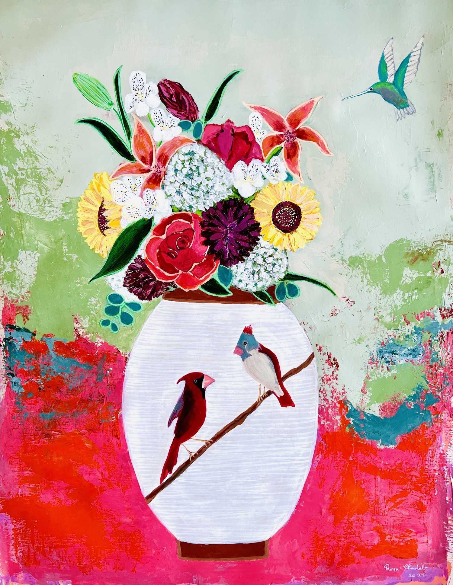   The Cardinal and the Hummingbird by Roya Chadab   30”x 36” unframed, Acrylic and pen on canva paper,   Is the hummingbird flying into the vase to join the cardinals or did the cardinals escape the hummingbird? 