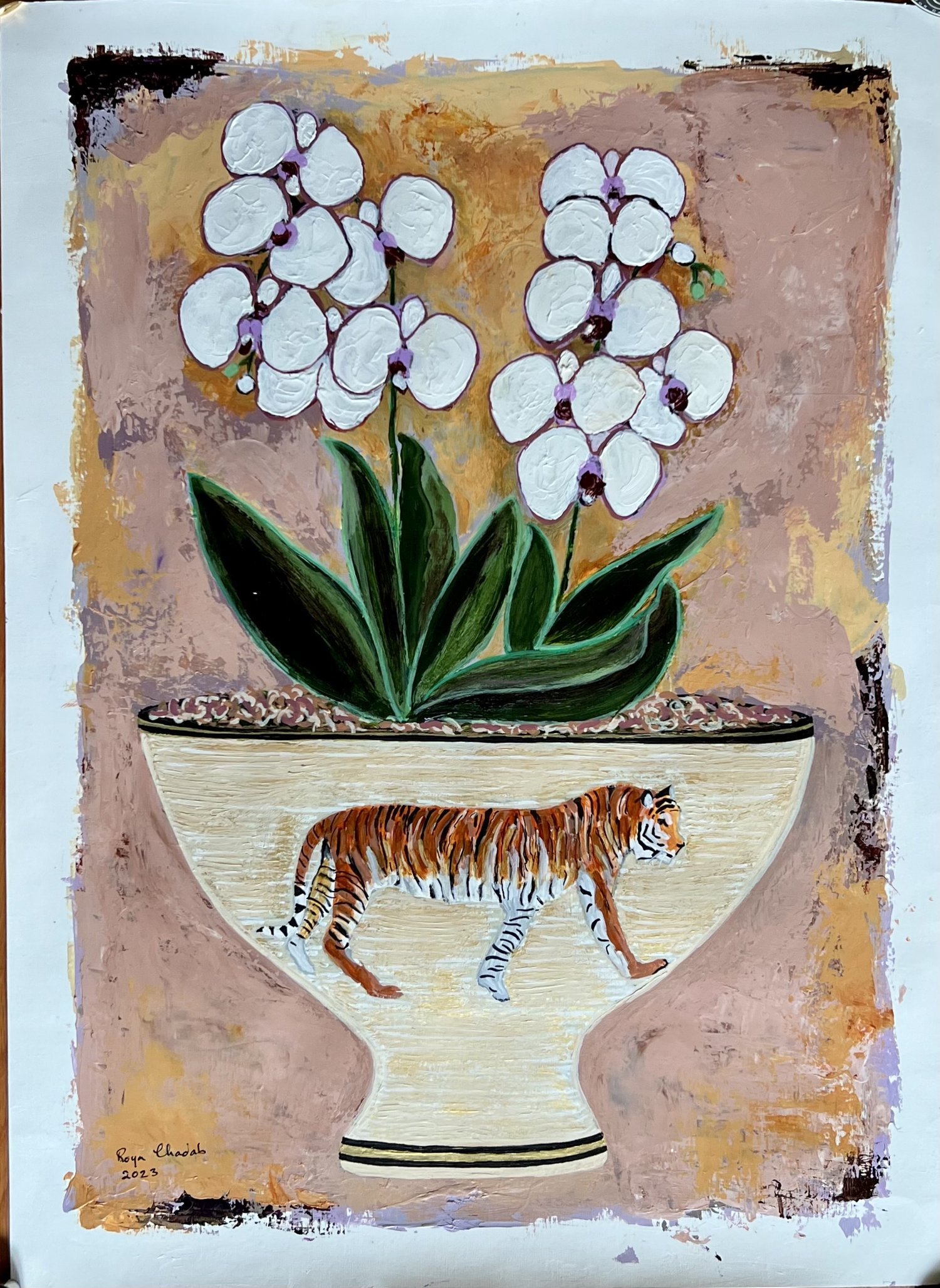   The Tiger and the Orchids by Roya Chadab   18”x 24” unframed, Acrylic and pen on canva paper, 