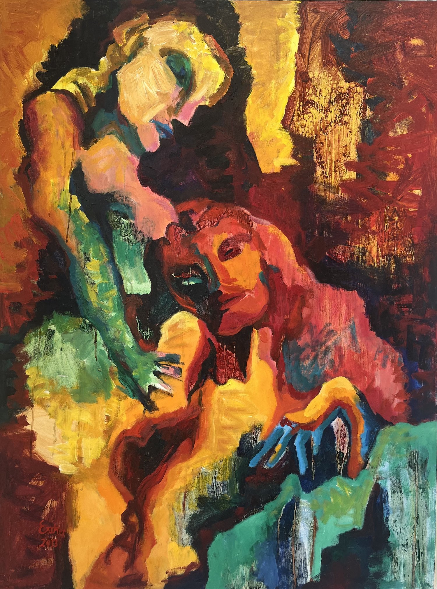   The Notice by Setareh Pourrajabi   39”x 51”, Oil and acrylic on canvas,   I came from a country where commonly women are second level of society compared with men. This causes us anger and fear illustrated in my artworks. The figures are nude but c