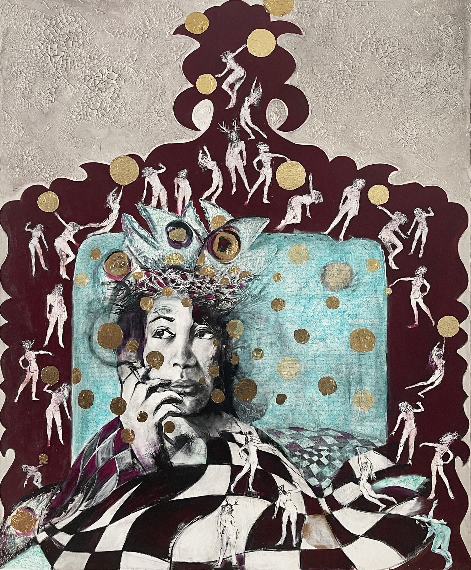   Another Realm by Maryam Rassapour   48”x 60”, Acrylic, calligraphy, gold leaf, charcoal,  My latest project, UNSEEN, focuses on the societal and cultural pressures put on women whether in Iran or the US. UNSEEN will spotlight and express these femi