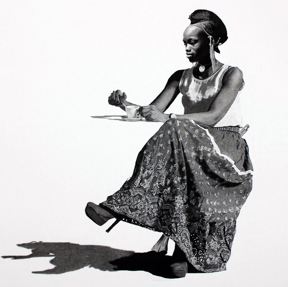  "DAHOMEY IN THE CAFE" (charcoal on paper, 30” x 30”; in David C. Driskell Center permanent collection) 