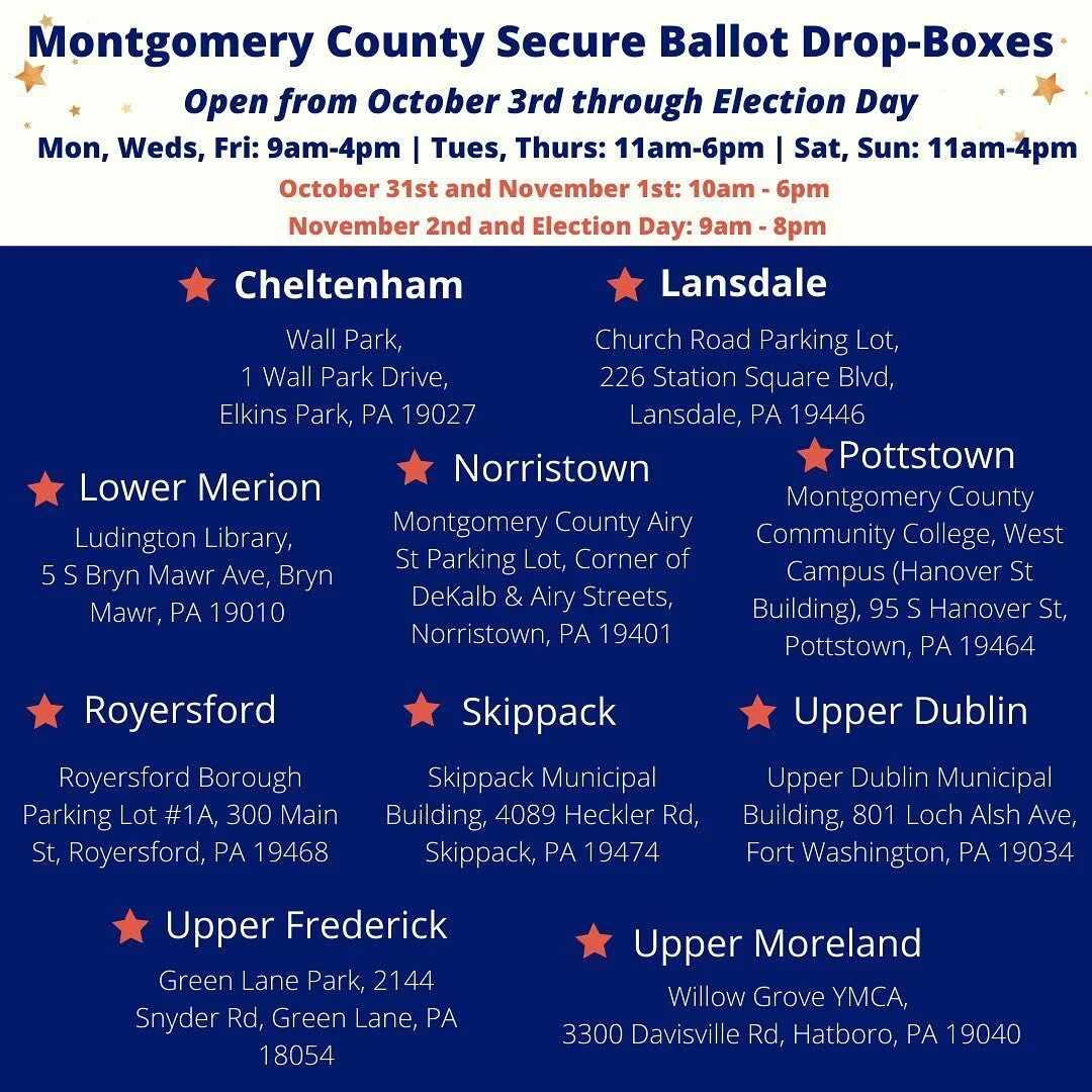 🚨Important Voting Information 🚨

Starting October 3rd through Election Day, secure drop boxes for mail-in ballots will be open across Montgomery County. Find which drop-box is closest to you if you would like to drop off *your own* ballot.