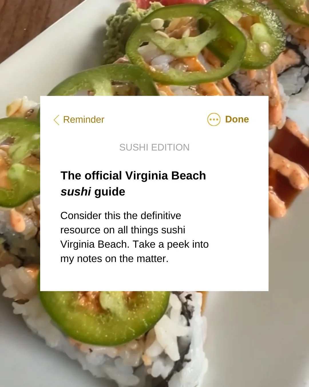 The unofficial official guide to sushi in Virginia Beach ✅🍣🍱

According to a Virginia Beach resident &amp; REALTOR&reg; aka local expert.

Looking for more things to do in Virginia Beach? Comment GUIDE and I&rsquo;ll send over my complete Virginia 
