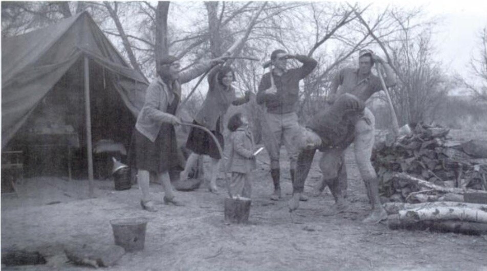  The Mesa House Site Archaeological crew in 1929. (Top Row- Left to Right) Endeka Harrington, Bertha Parker, Jim Scrugham, M.R. Harrington, (Bottom Row- Left to Right) Wilma (Billie) Parker (Left, standing between her mother and Jim Scrugham) Julian 