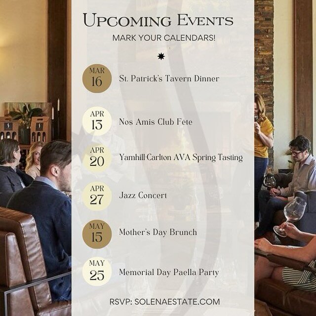 Spring Events at Solena Estate!

Experience an unforgettable spring packed with delicious food and wine pairings, live jazz, Mother&rsquo;s Day Brunch, and more! 

Coming up is our debut St. Patrick&rsquo;s Day Tavern Dinner! We will be indulging in 