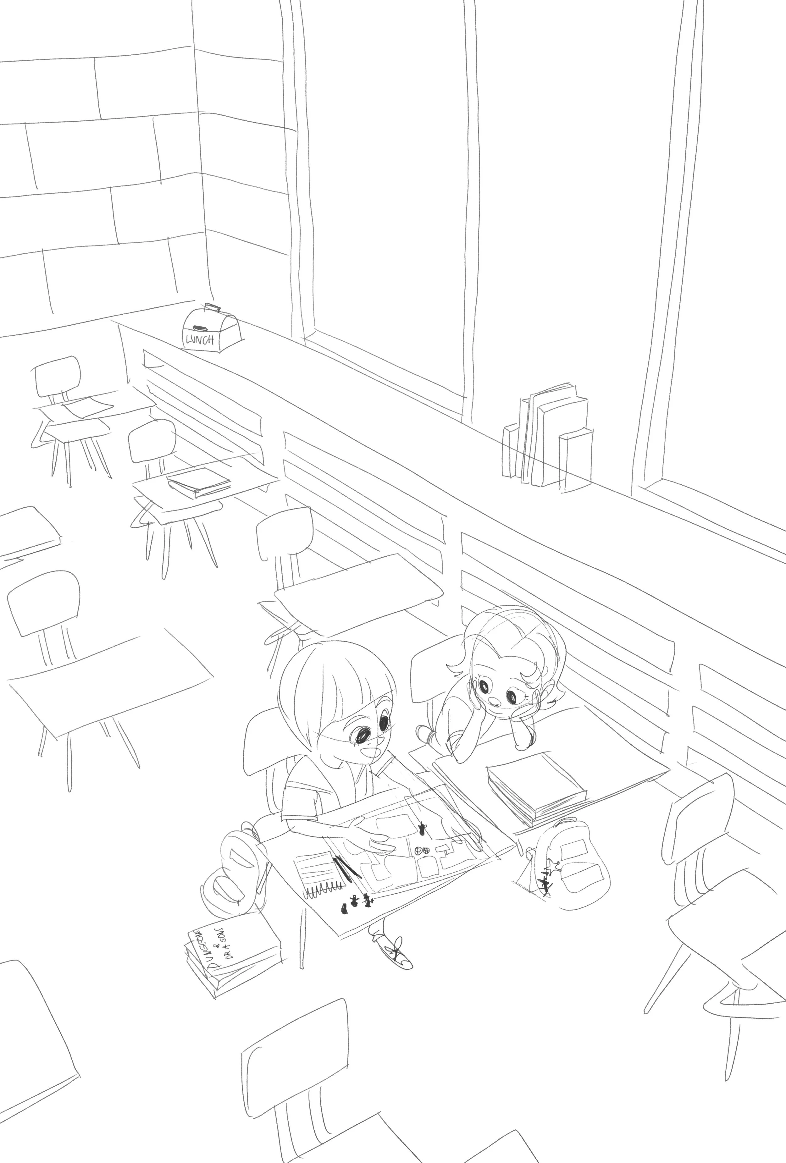 Here was the sketch I did, depicting Will Byers tutoring the newly Jane Hopper after school in Dungeons & Dragons.