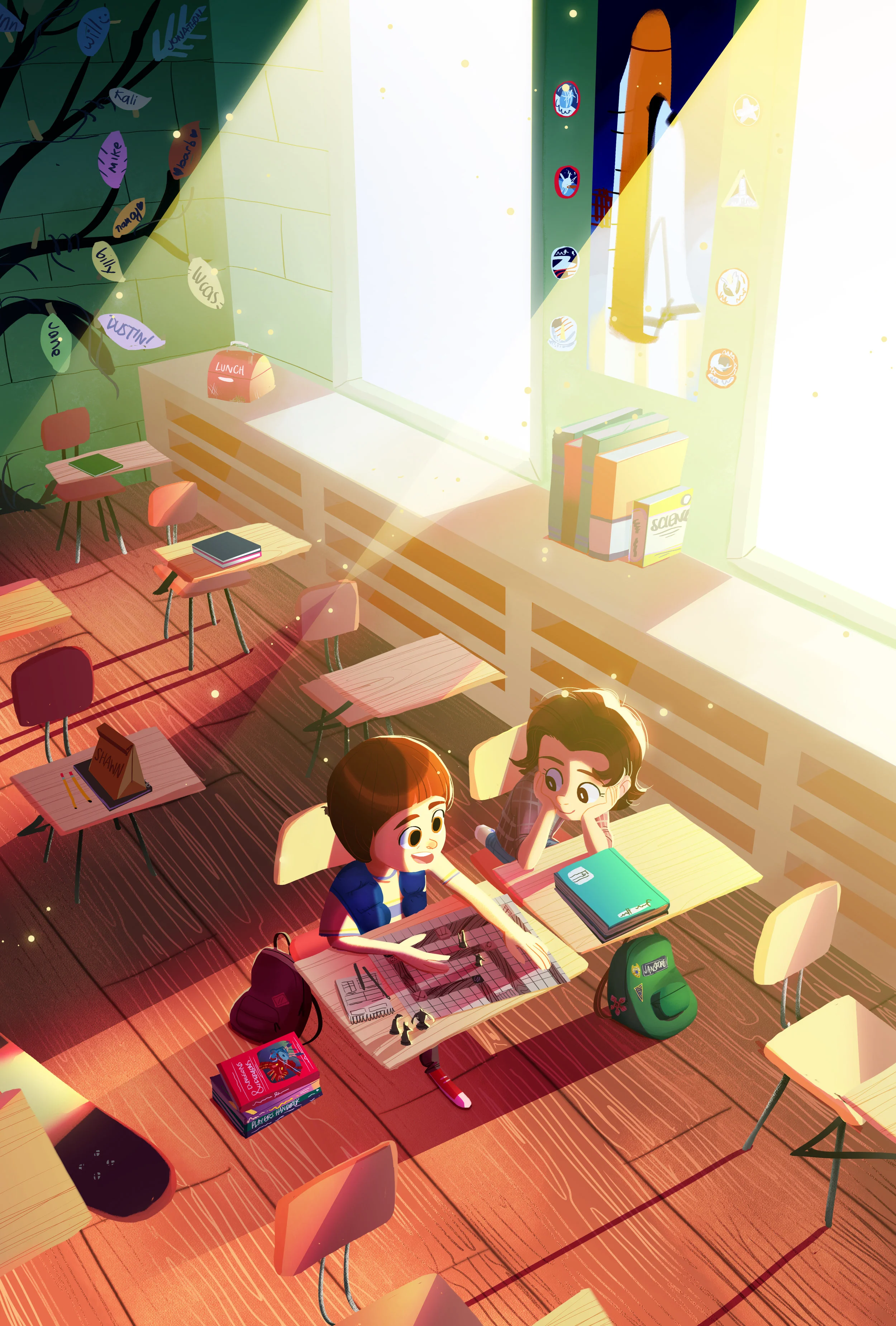 This is the final illustration for the zine, featuring a warm and glowy classroom safe from the horrors of the upside-down :)