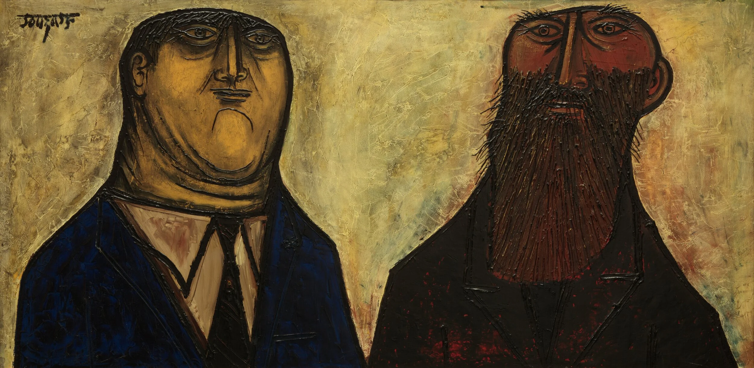 F.N. Souza Tycoon and the Tramp , 1955, Oil on masonite H. 32 x W. 56 in. (81.3 x 142.2 cm), Shumita and Arani Bose Collection, New York. Photography by Richard Goodbody