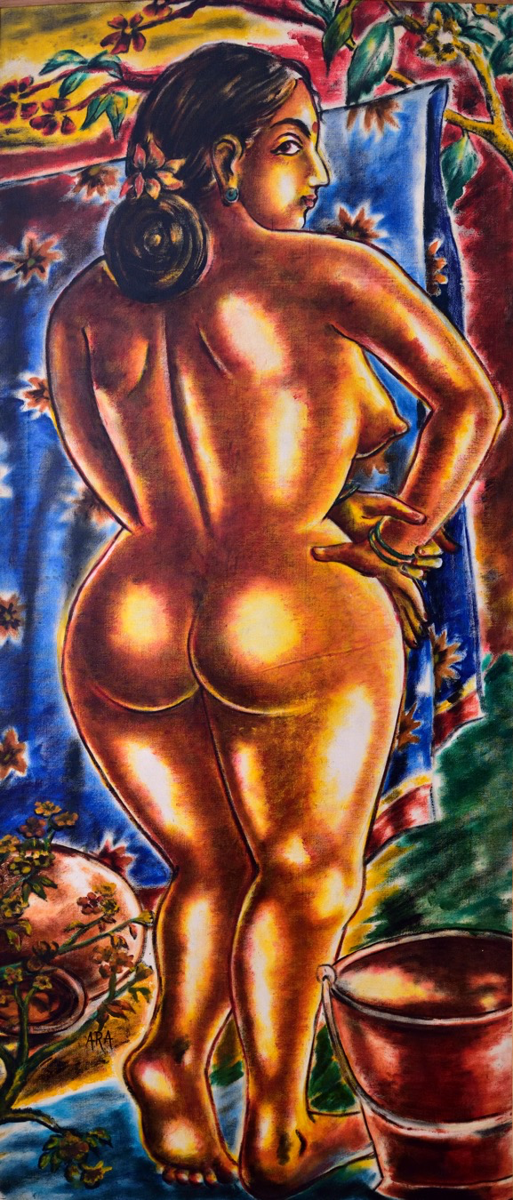 K.H. Ara, Untitled (Large Nude) , 1965. Oil on canvas. H. 68 7/8 x W. 27 1/2 in. (175 x 70cm). Collection of Jamshyd and Pheroza Godrej. Courtesy of the lender.