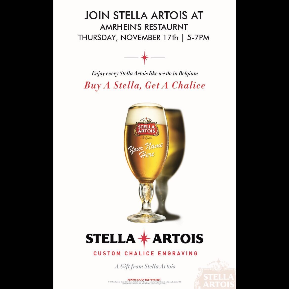 Calling all Stella fans! Join us this Thursday 11/17 for a fun packed Stella party. The Stella team will be at Amrheins Engraving Stella glasses. 
.
.
. Peri
#Stella #Boston #Southie #BostonThingsToDo #BostonBar #BostonBrunch #Beer #things to do #Loc