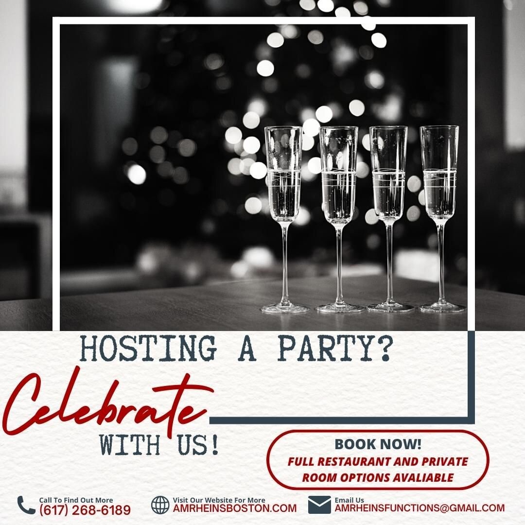 HOSTING A HOLIDAY PARTY, FAMILY EVENT, OR BUSINESS MEETING?  We are here to celebrate with you. Now offering full restaurant and private room options, Call or email today to book your party.
.
.
.
.
.
#boston #bostonparty #funtionroom #amrheins #sout