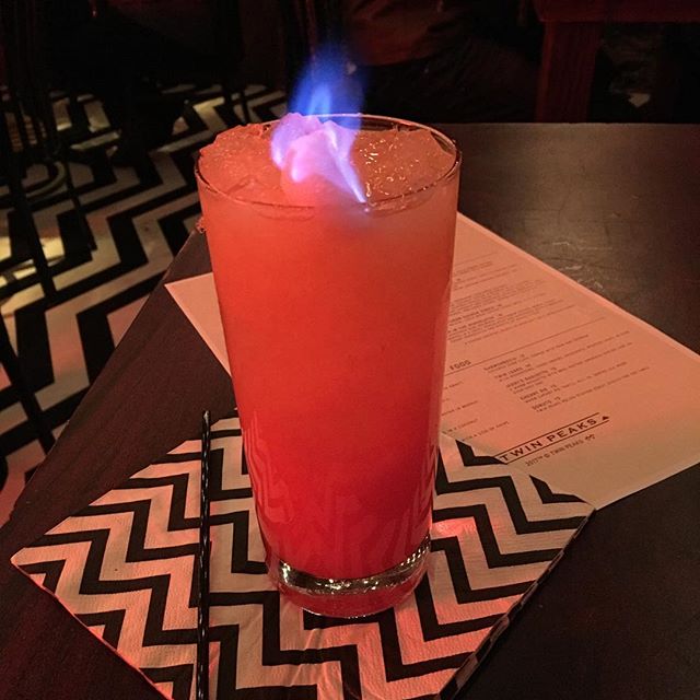 Diane, I'm currently sitting before an adult beverage named Fire Walk With Me. #twinpeaks #roadhouse #twinpeaksrestaurant #dougiejones #dalecooper #laurapalmer #bob #redroom #blacklodge