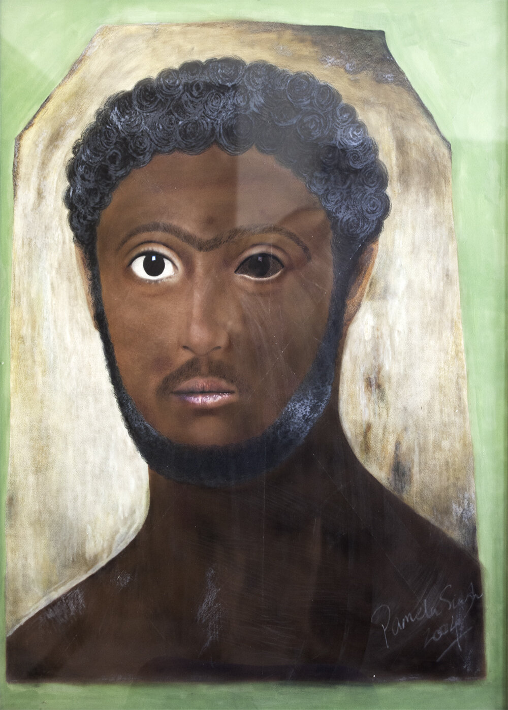  Pamela Singh,  Faiyum Head #5,  2004. 36 x 47 inches/ 34 x 45 inches. Archival Inkjet Print with Mixed Media (Acrylic &amp; Gold Leaf). 