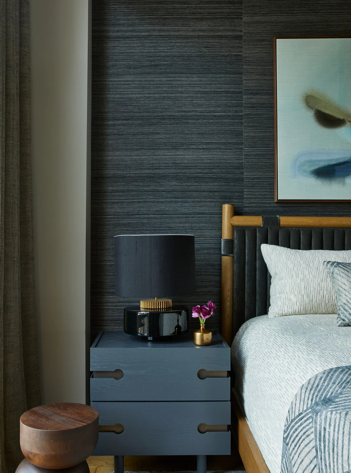 Can we make a room feel rich, calm, and cozy using one hue? Yes, yes we can. 

In this NYC penthouse primary we leaned into all things blue. By mixing textures of different scales, blues with varying tone and saturation, and layering in natural woods