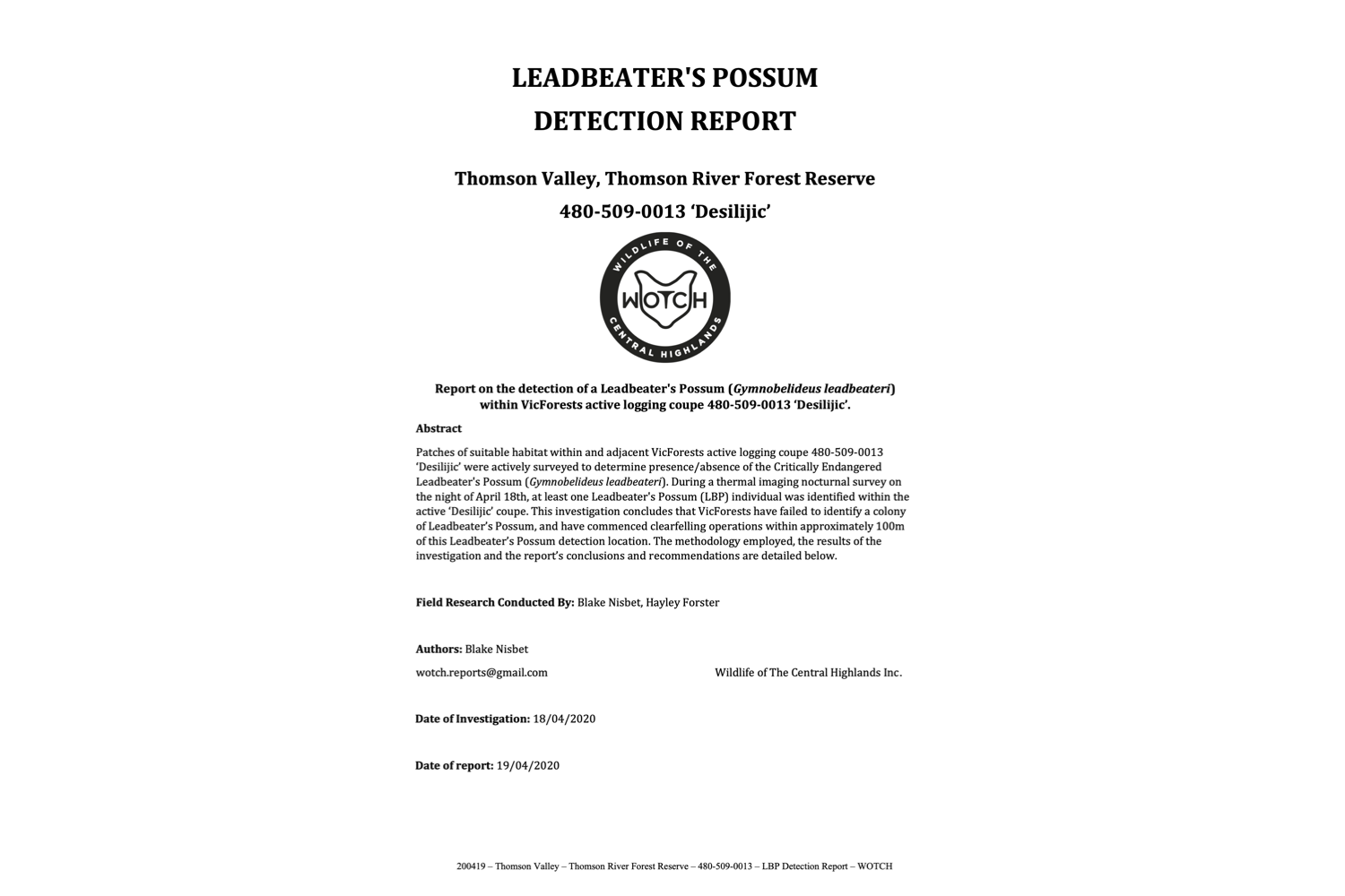 Leadbeater's Possum Detection Report – 480-509-0013 'Desilijic'