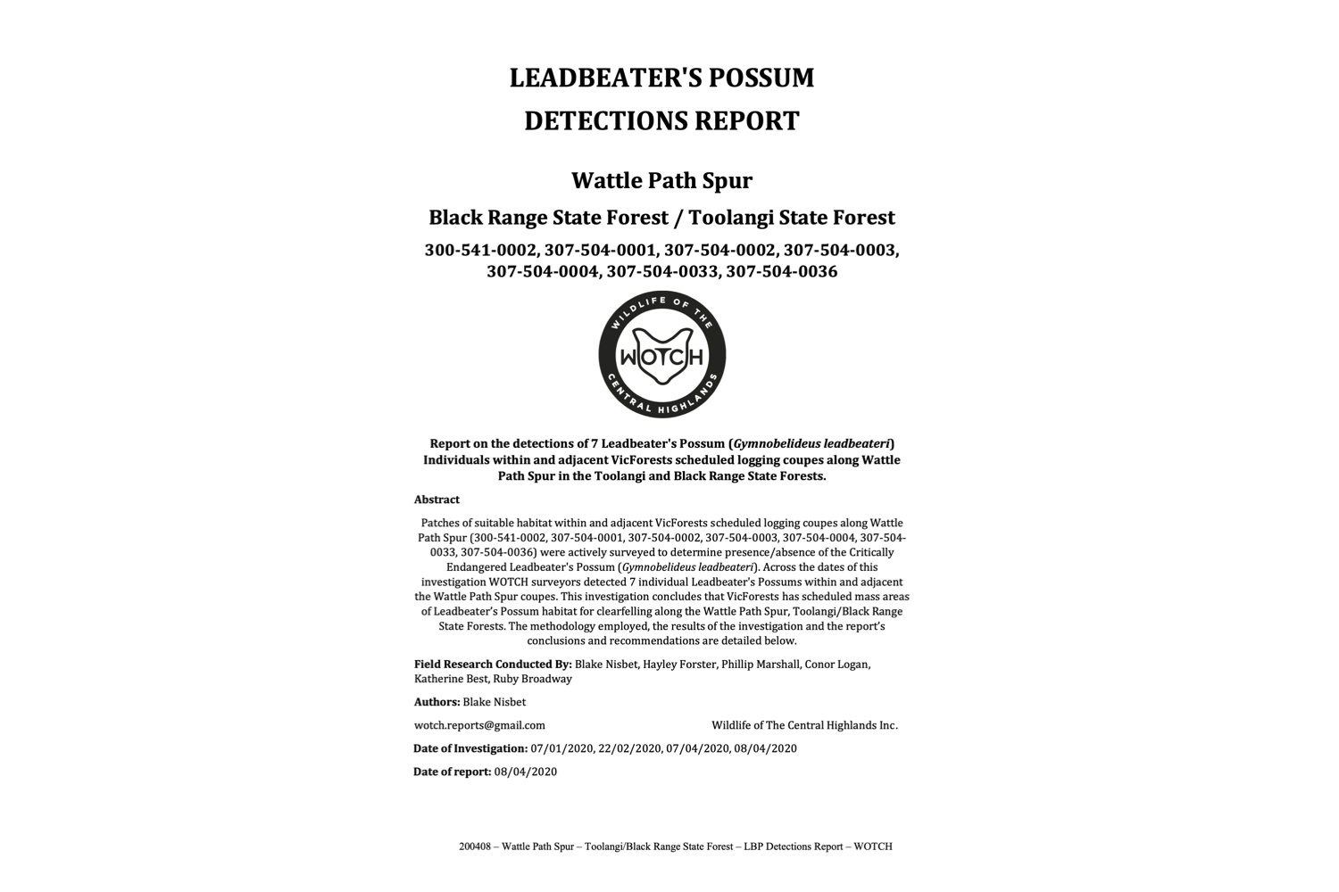 Leadbeater's Possum Detection Report – Wattle Path Spur Coupes