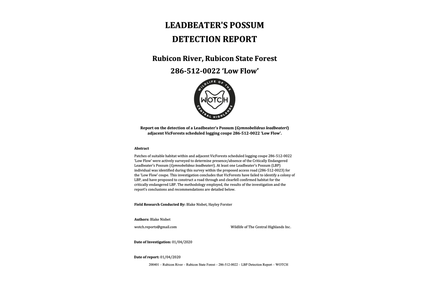 Leadbeater's Possum Detection Report – 286-512-0022 ‘Low Flow’