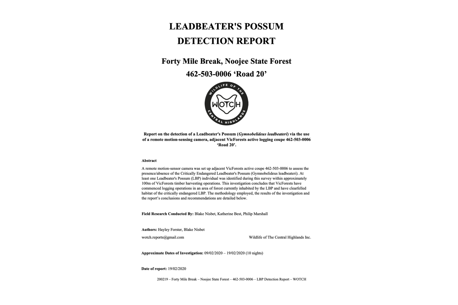 Leadbeater's Possum Detection Report – 462-503-0006 'Road 20'
