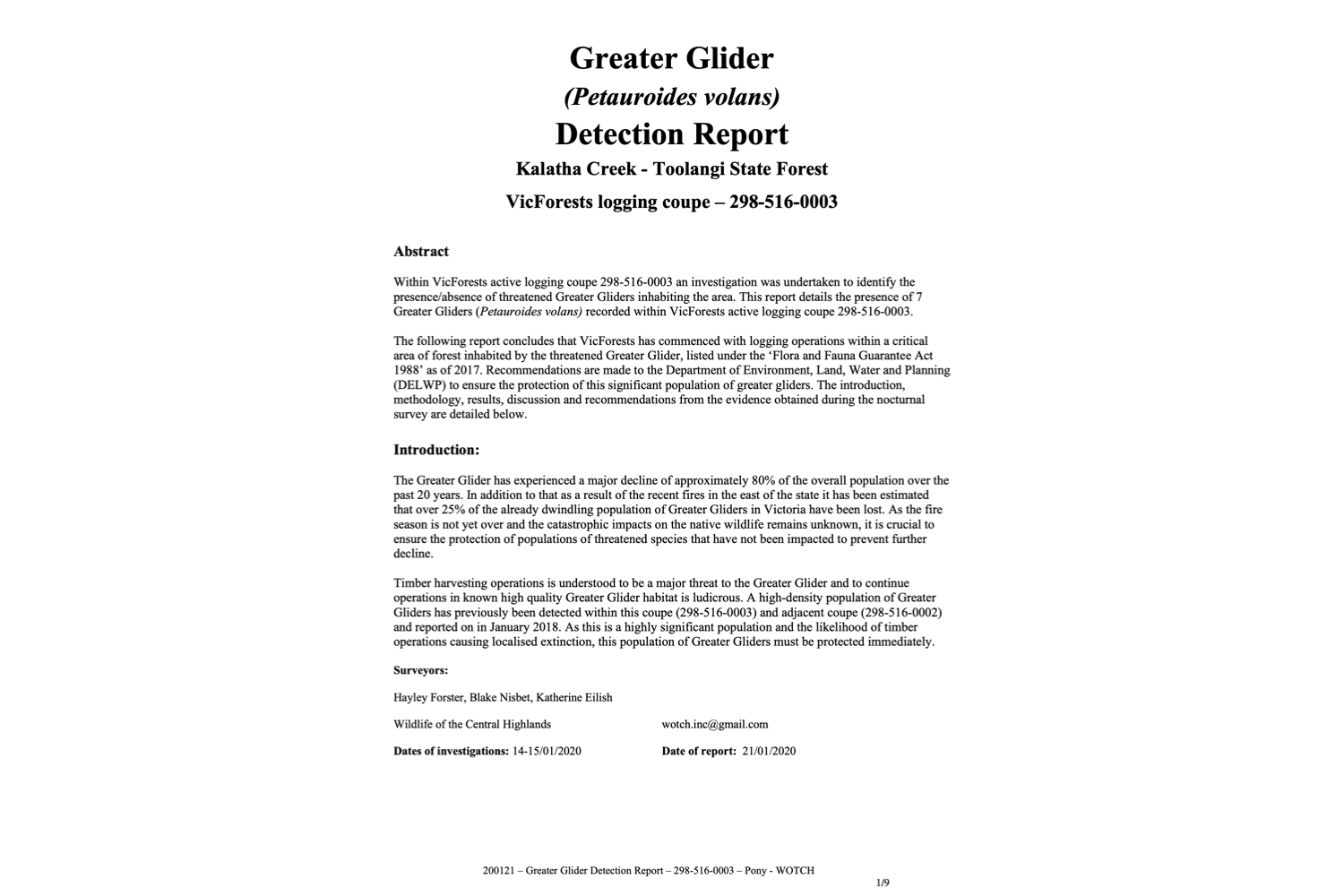 Greater Glider Detection Report – 298-516-0003 'Pony'