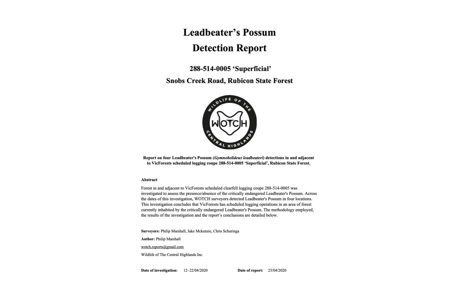 Leadbeater's Possum Detection Report – 288-514-005 'Superficial'