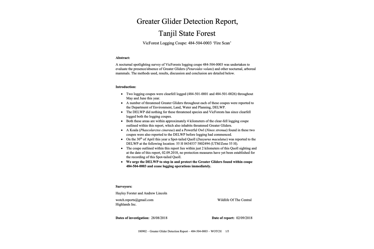 Greater Glider Detection Report – 484-504-0003 'Fire Scan'