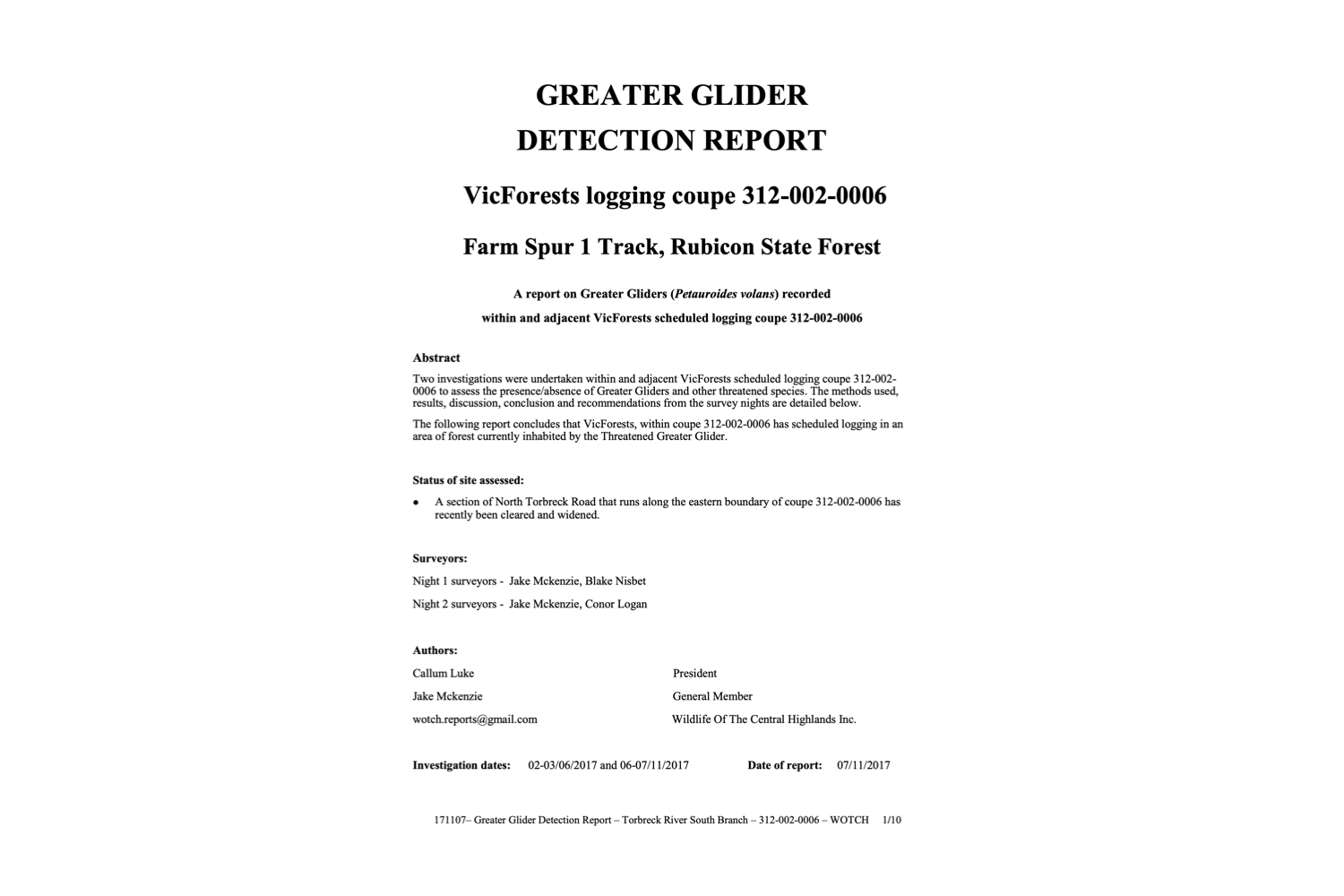 Greater Glider Detection Report – 312-002-0006 'Farm Spur Gum'