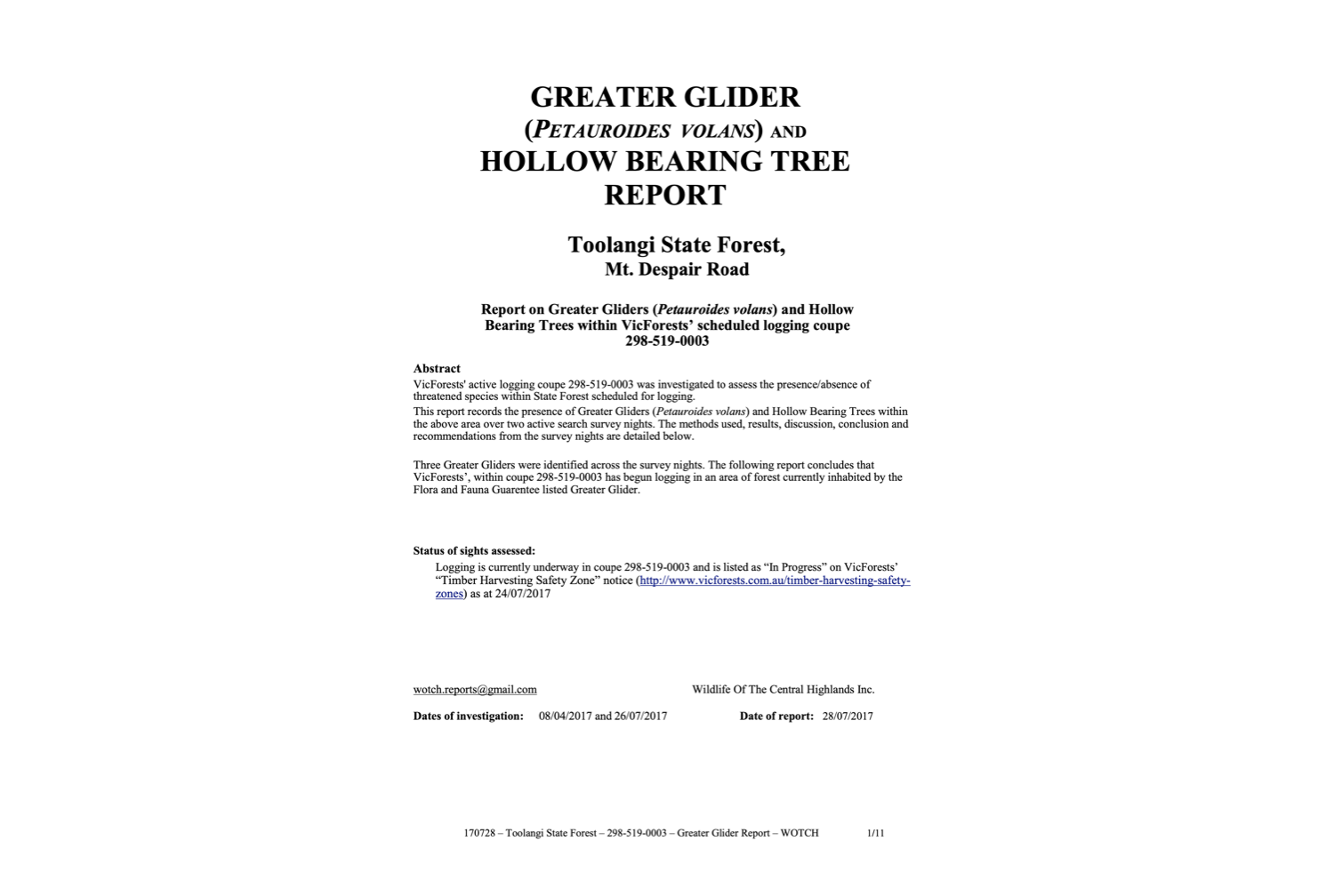 Greater Glider and Hollow Bearing Tree Report – 298-519-0003 'Flicka'