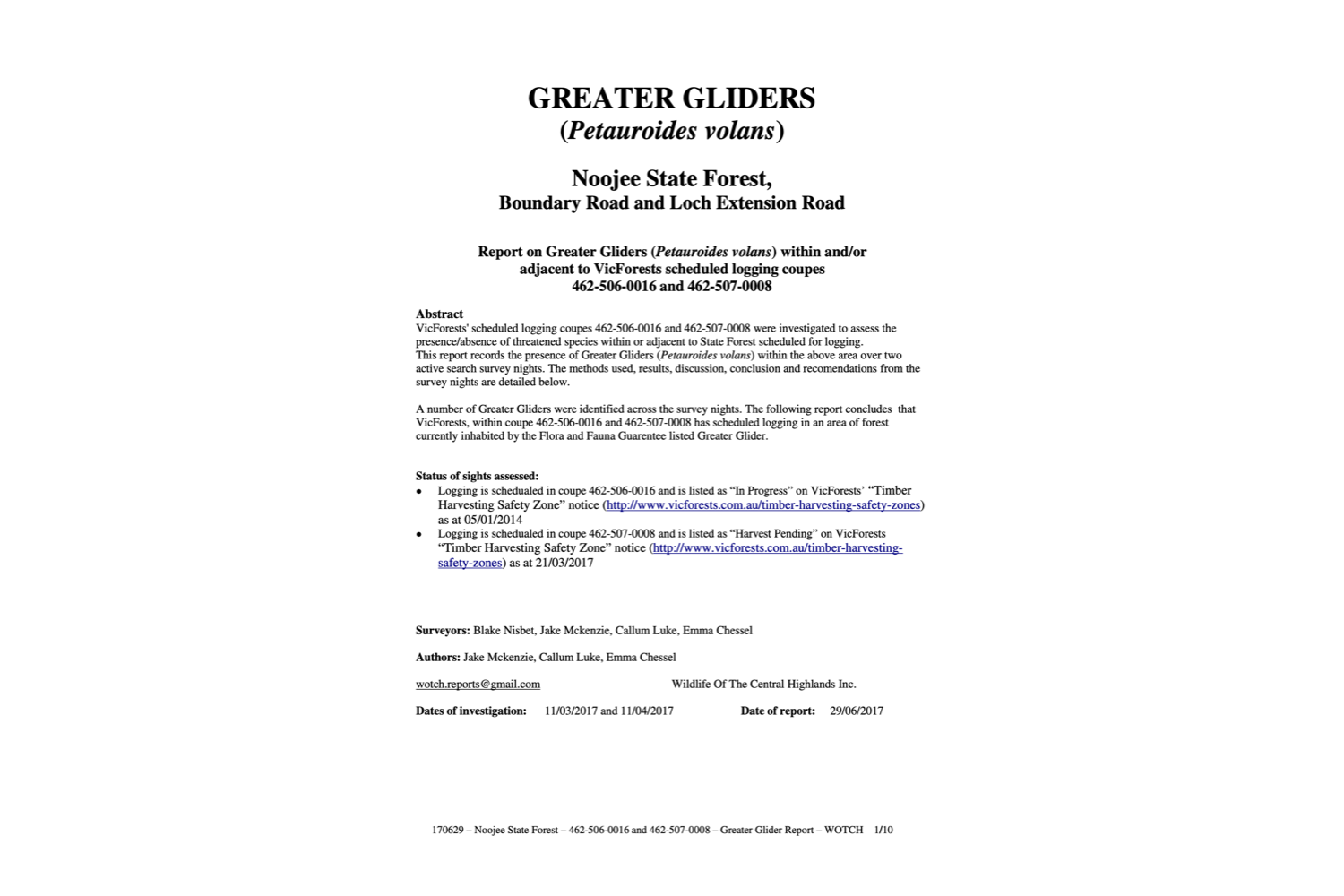 Greater Glider Detection Report – 462-506-0016 'Antarctic' and 462-507-0008 'Estate'