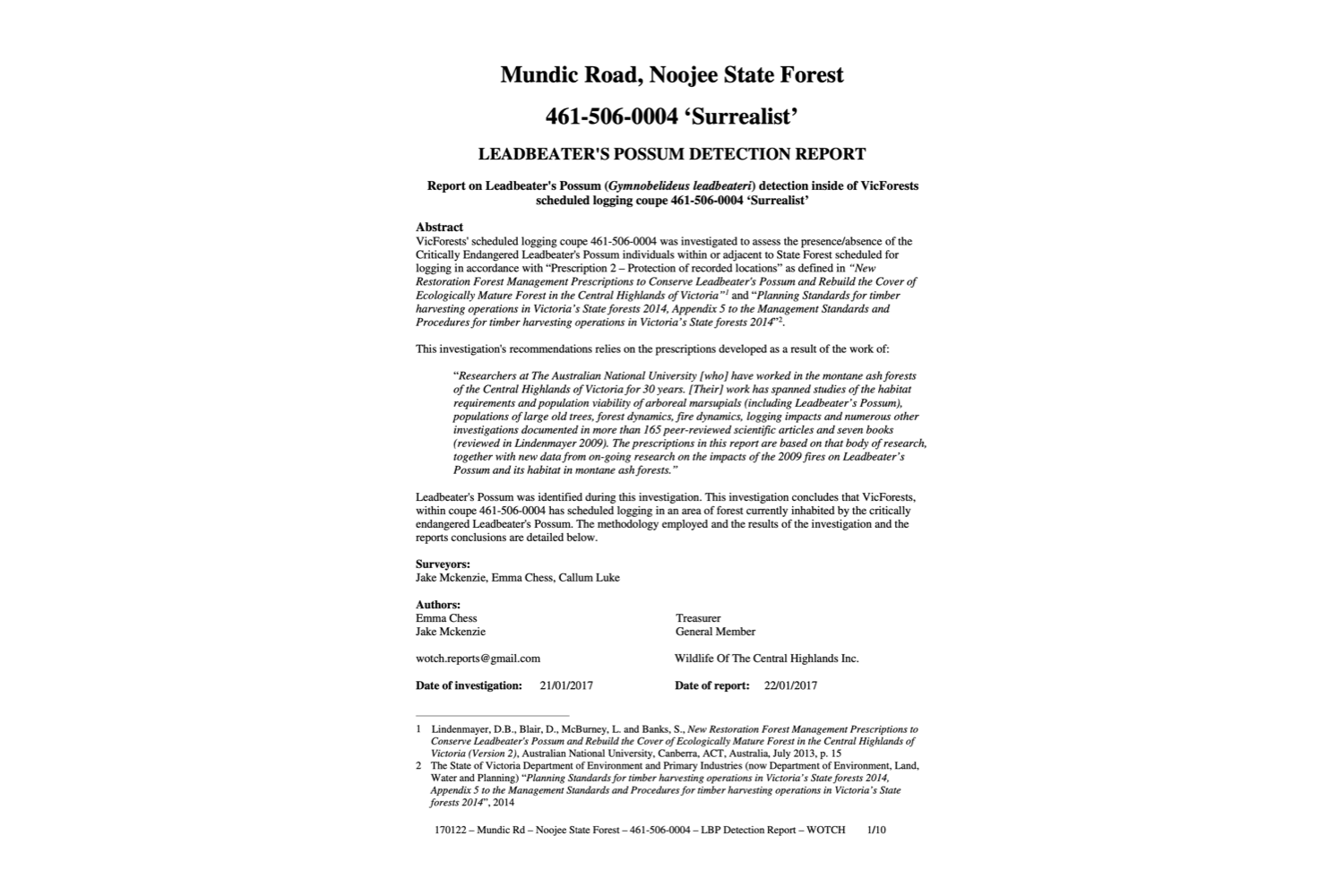 Leadbeater's Possum Detection Report – 461-506-0004 'Surrealist'