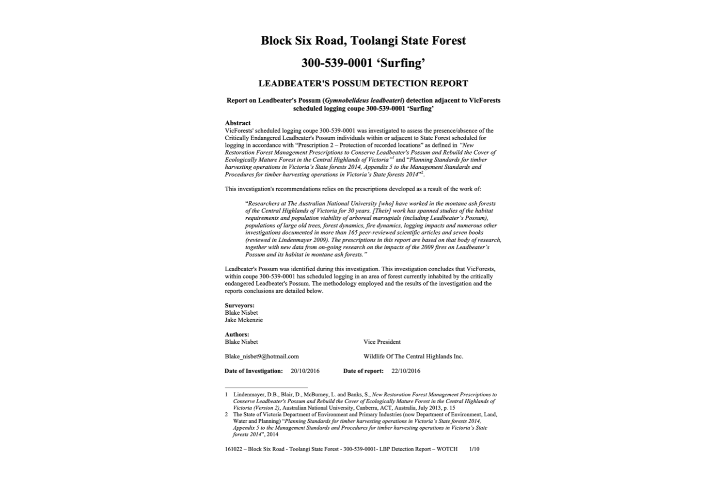 Leadbeater's Possum Detection Report – 300-539-0001 'Surfing'