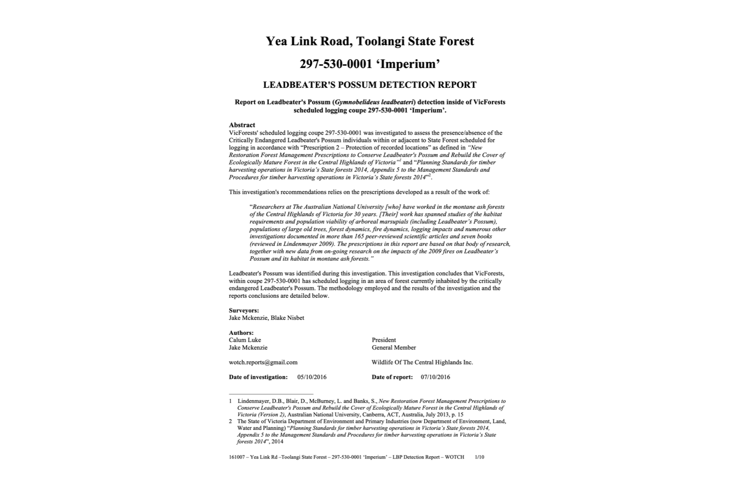 Leadbeater's Possum Detection Report – 297-530-0001 'Imperium'