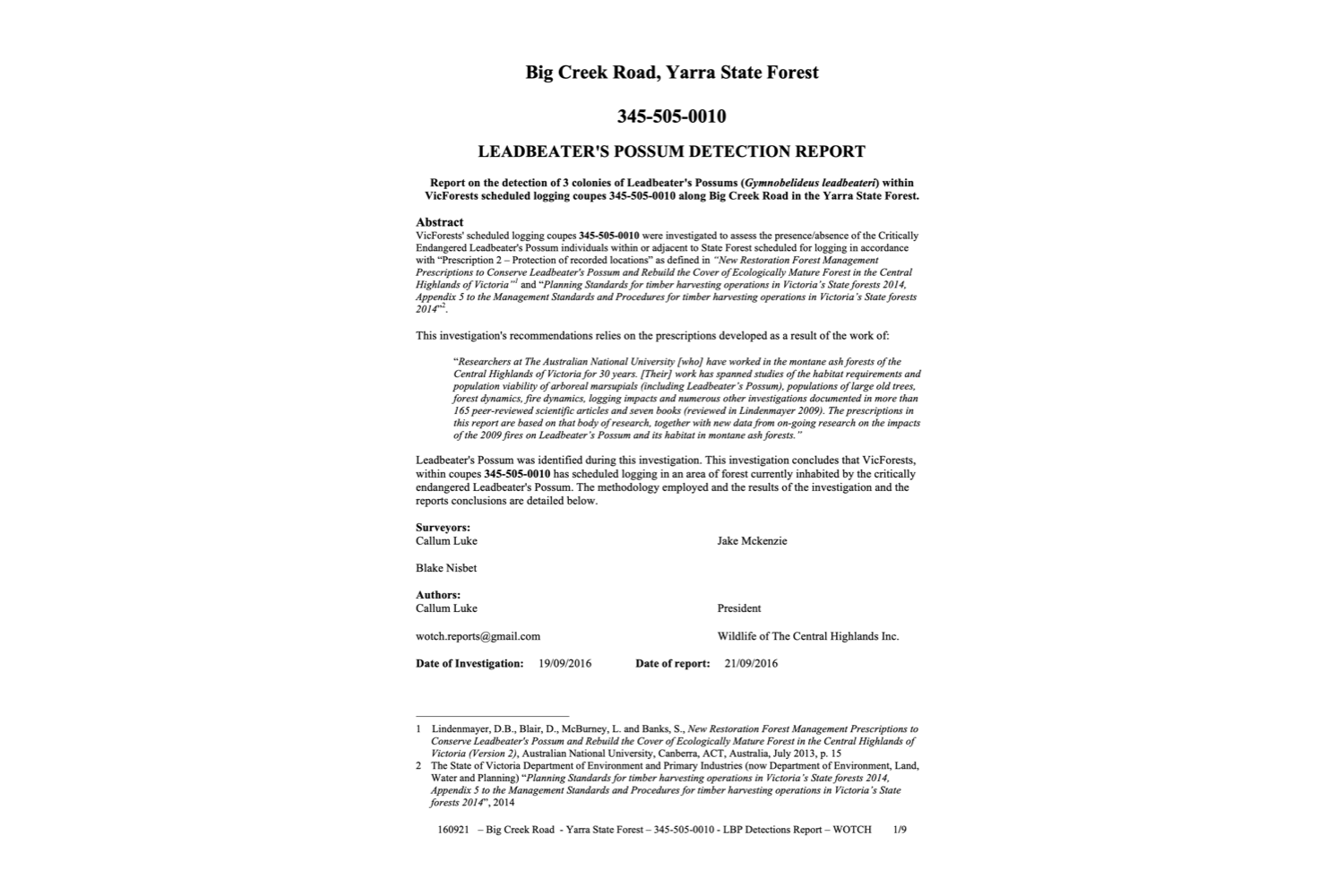 Leadbeater's Possum Detection Report – 345-505-0010 'Mortimore'