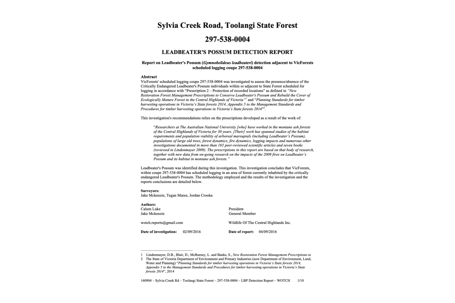 Leadbeater's Possum Detection Report – 297-538-0004 'Home and Away'