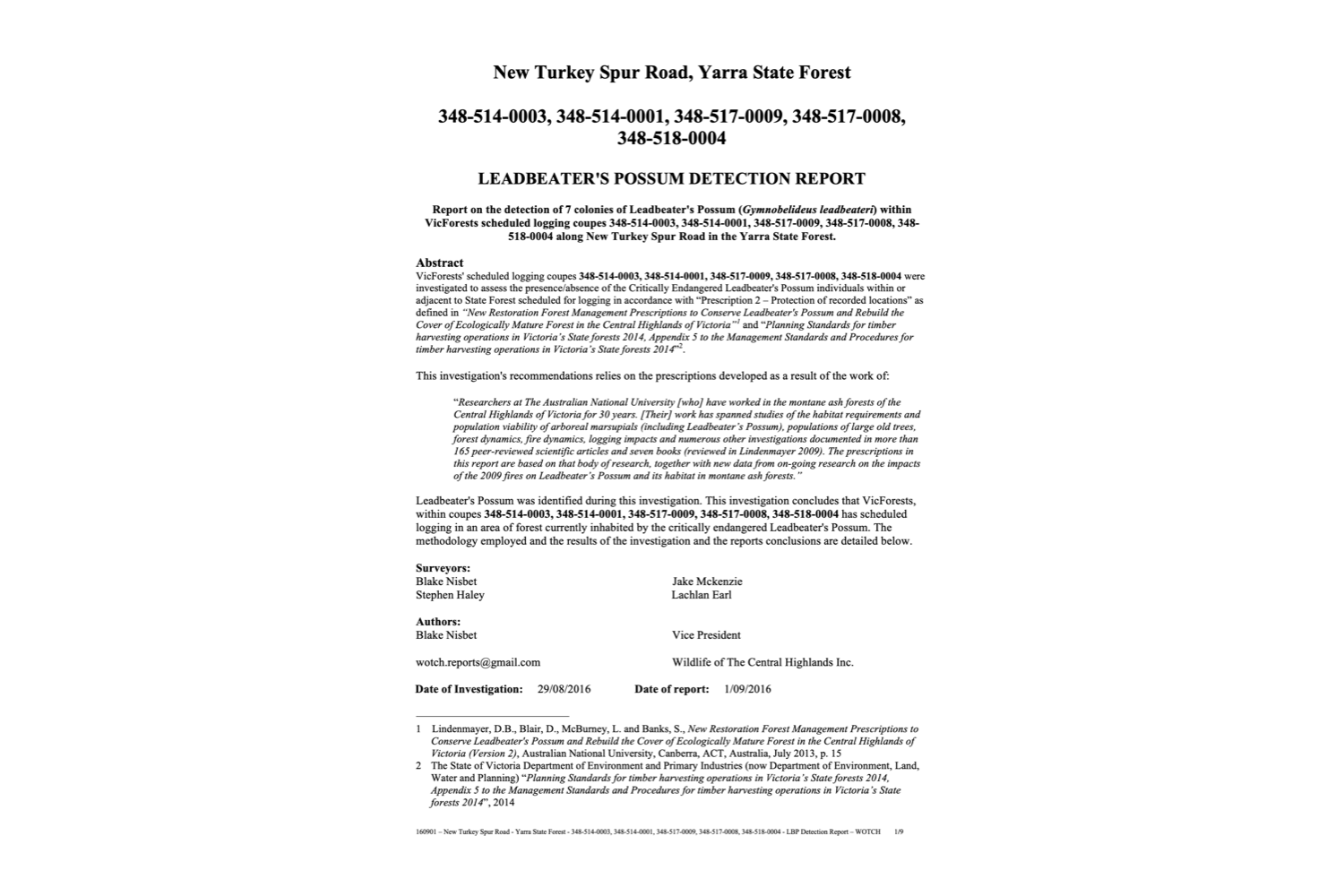 Leadbeater's Possum Detection Report – 348-514-0003, 348-514-0001, 348-517-0009, 348-517-0008 &amp; 348-518-0004
