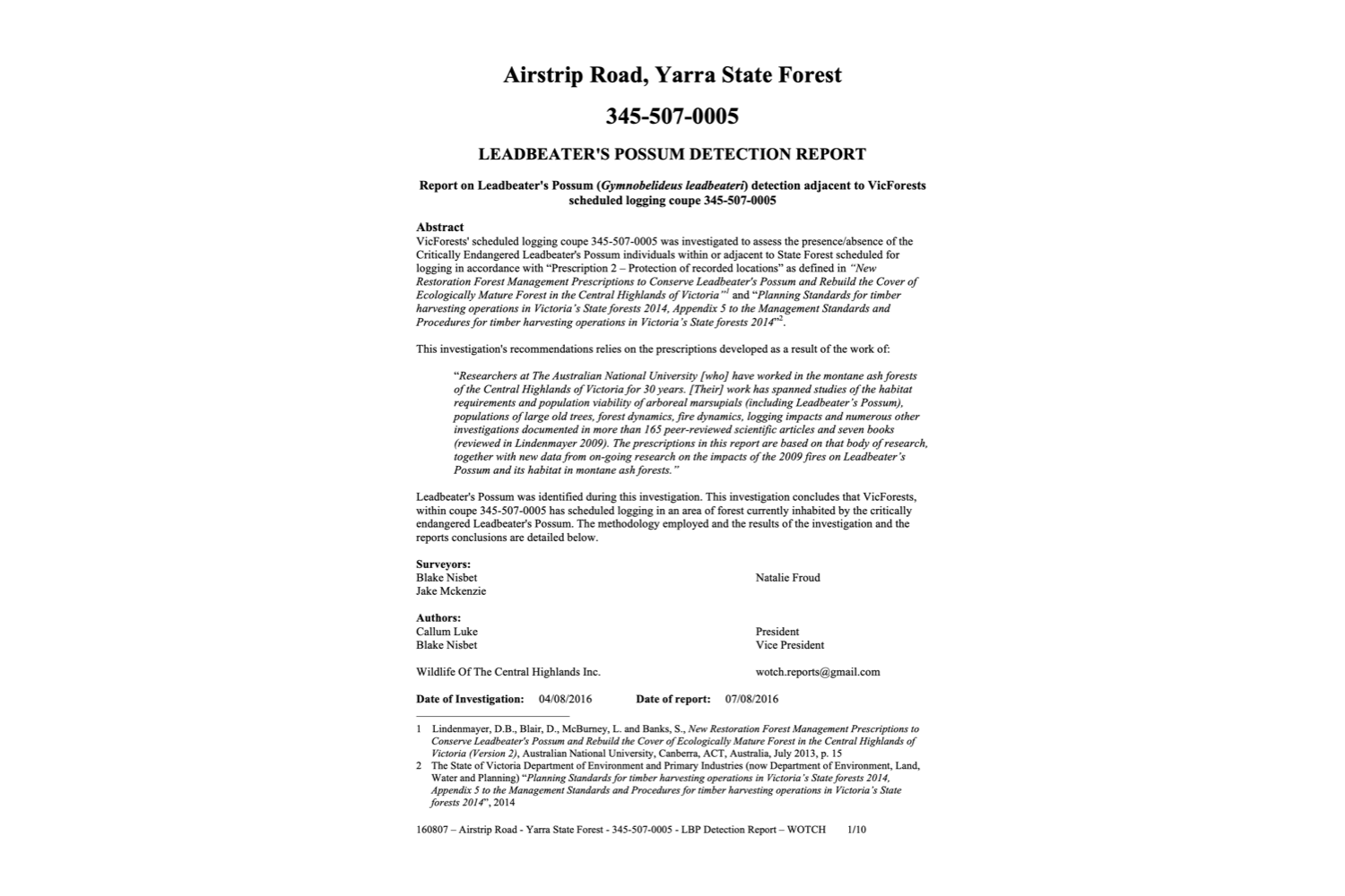 Leadbeater's Possum Detection Report – 345-507-0005 'Little Block'