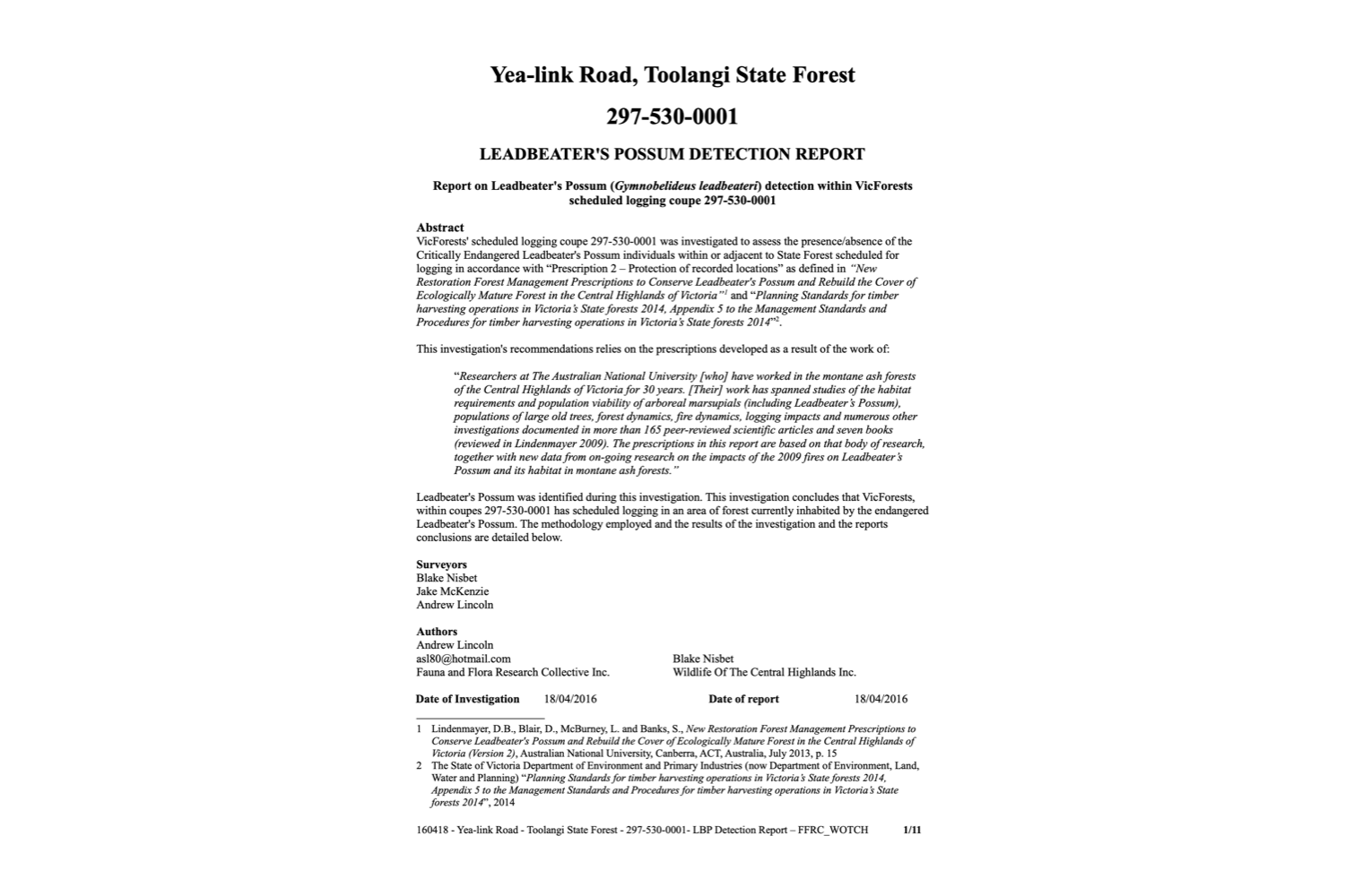 Leadbeater's Possum Detection Report – 297-530-0001 'Imperium'