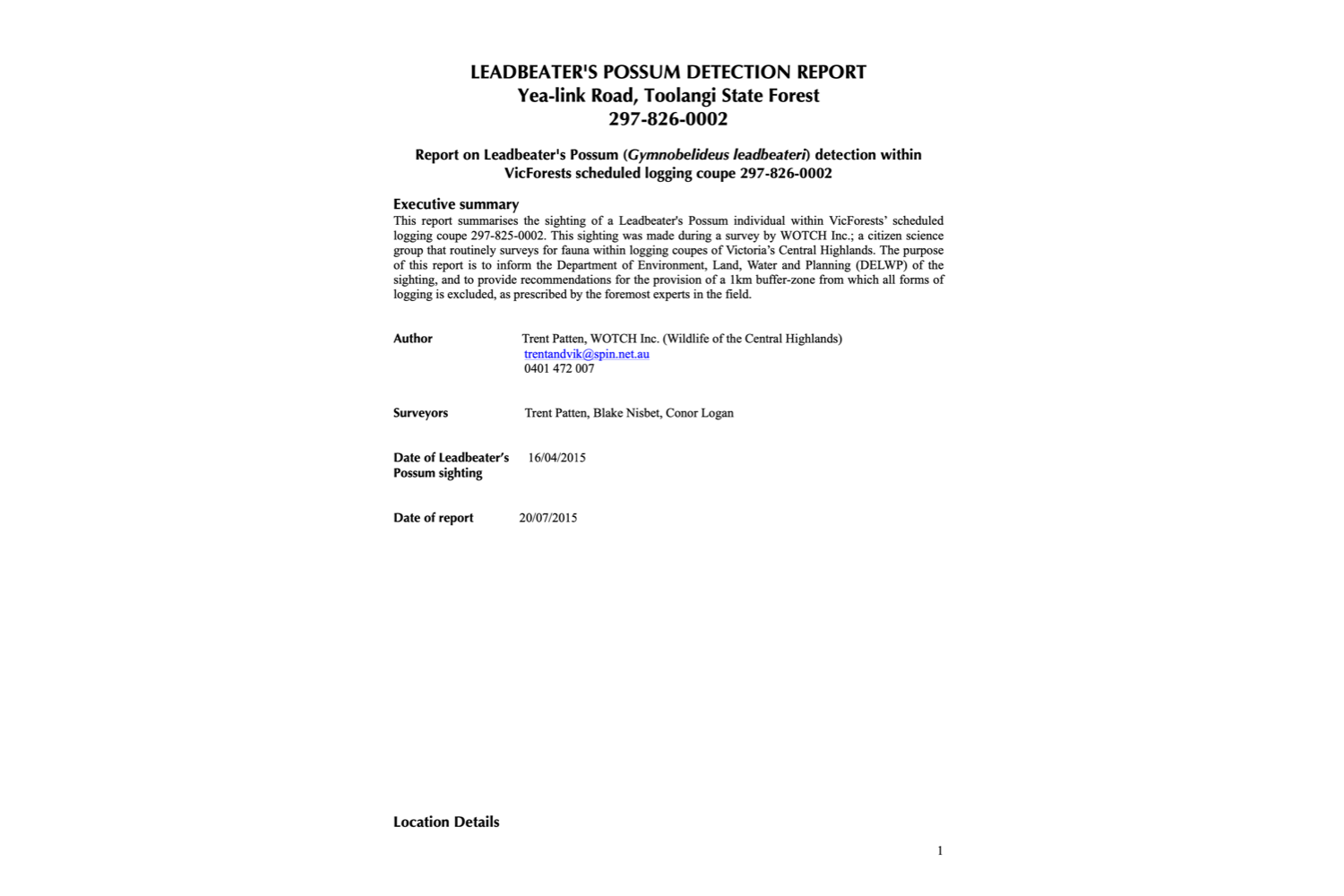 Leadbeater's Possum Detection Report – 297-826-0002 'Freddo'