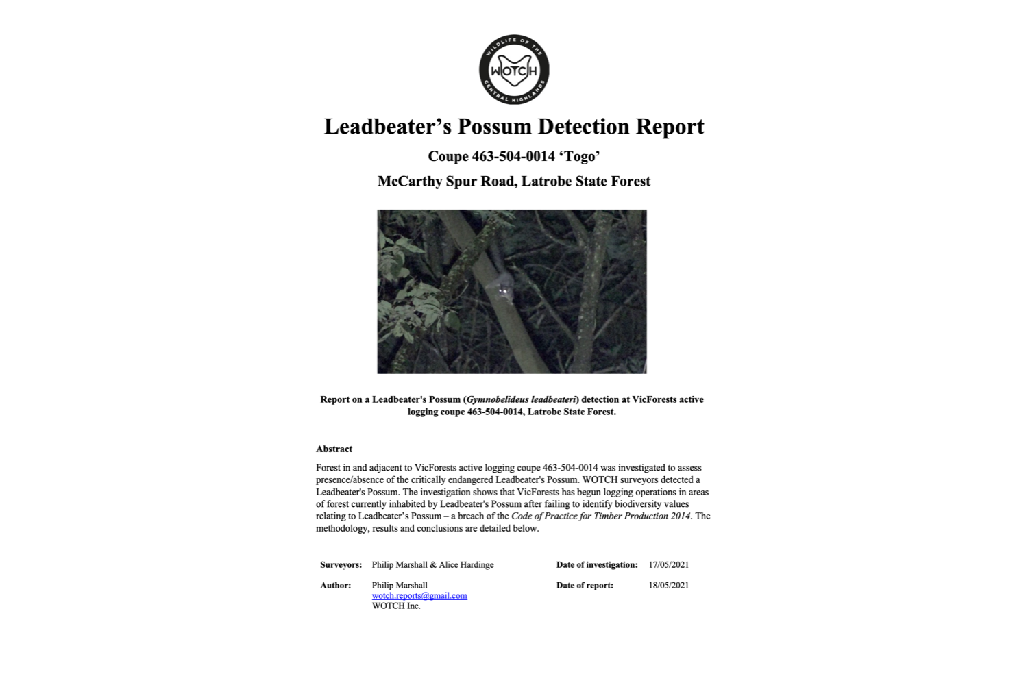 Leadbeater's Possum Detection and Code Breach Report – 463-504-0014 'Togo'