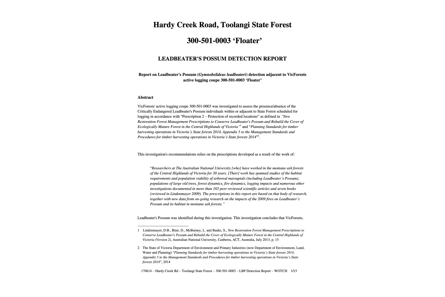 Leadbeater's Possum Detection Report – 300-501-0003 'Floater'