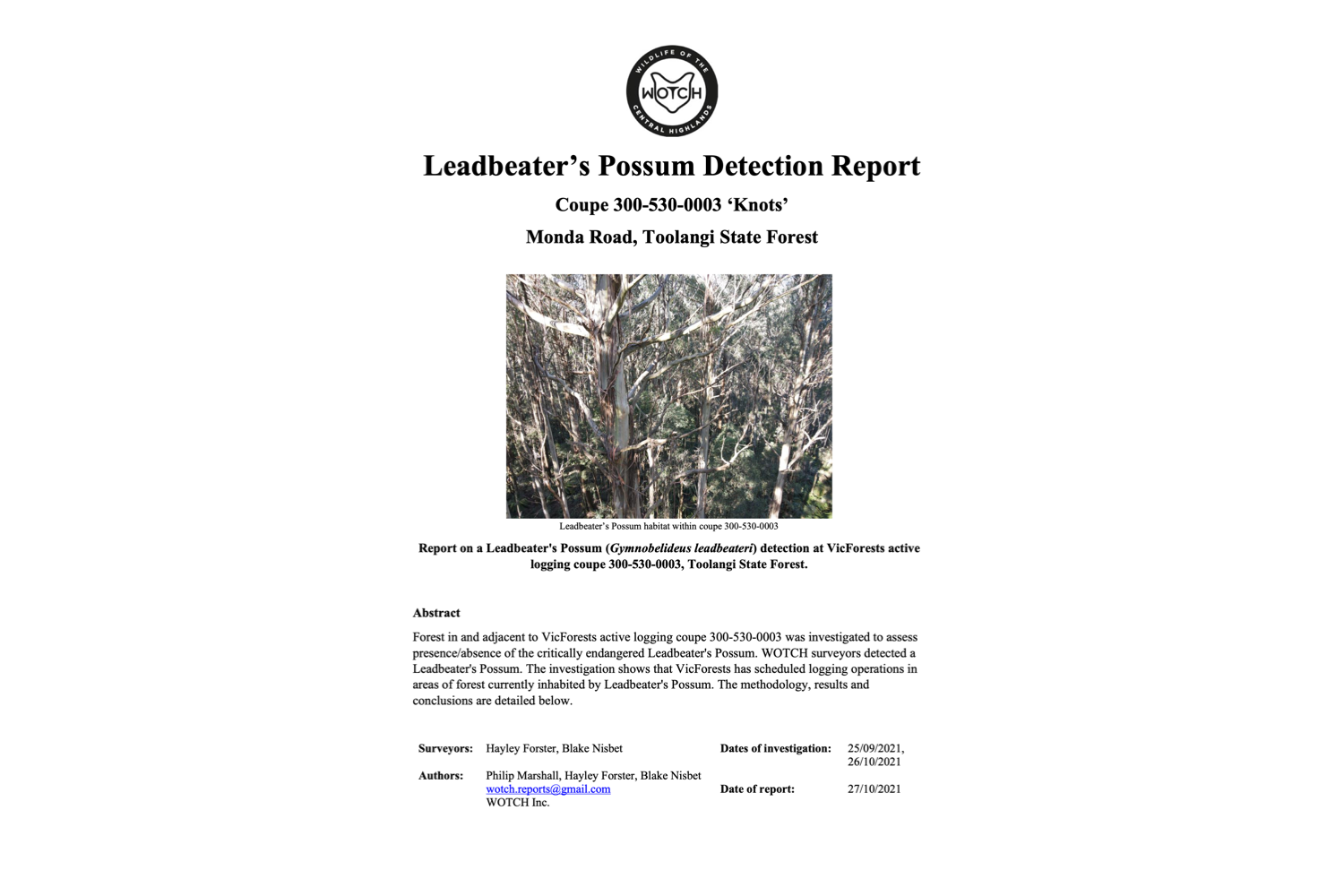Leadbeater's Possum Detection Report 3005300003 'Knots' — Wildlife