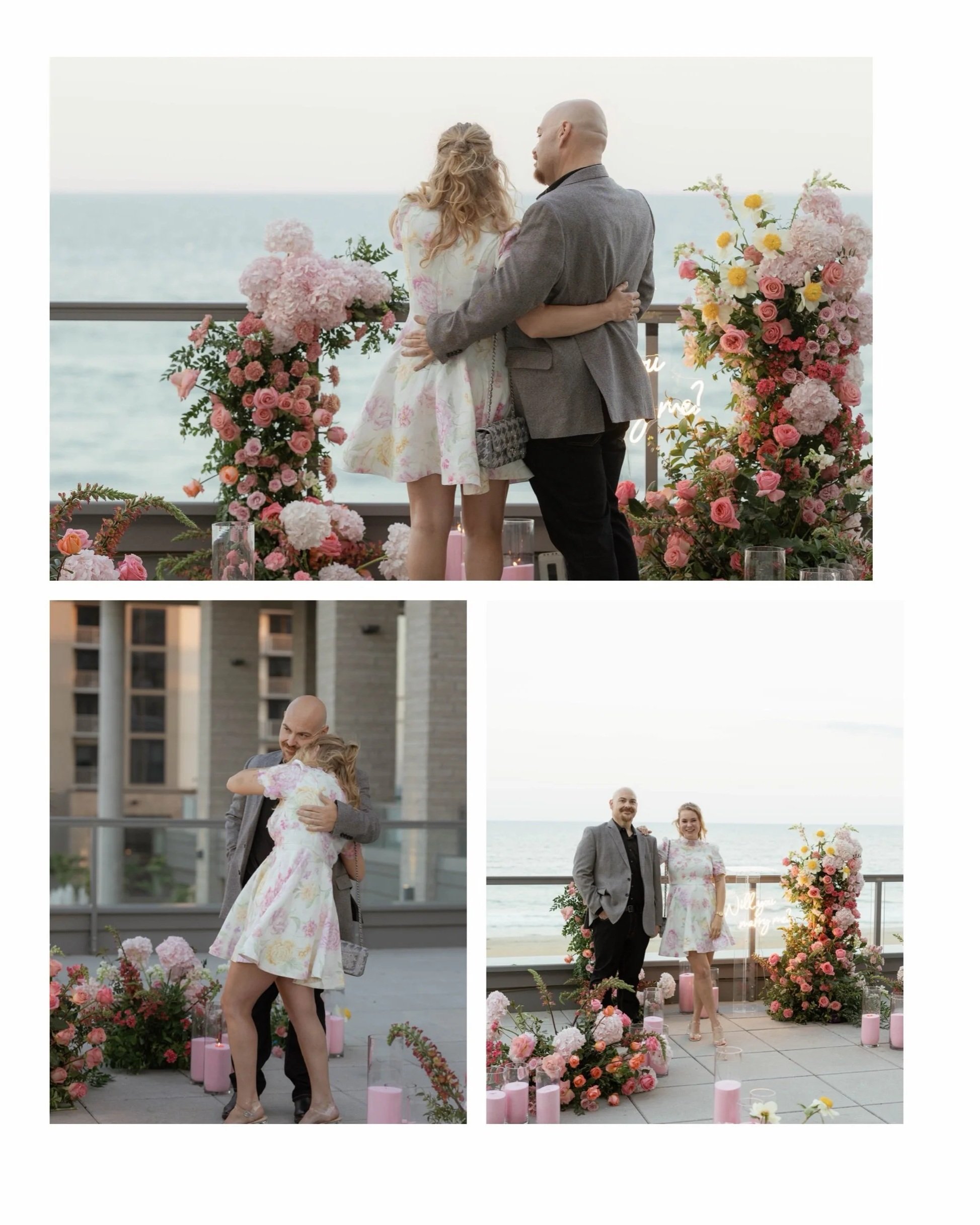 Virginia Rooftop proposal overlooking the beach with flowers and candles