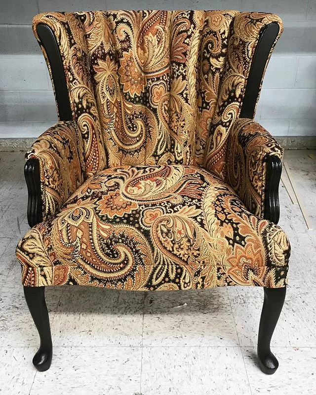 First attempt at upholstery on this $6 Goodwill channel-back chair! The chair is patterned from scratch, the back is entirely hand-sewn, and the wooden accents &amp; legs refinished. Swipe to see some different angles, as well as the before picture!
