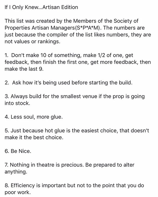 Posted by The Society of Properties Artisan Managers (S*P*A*M) this morning, some words of wisdom for props artisans, from props artisans. &ldquo;If I only knew&rdquo; advice I thought was worth sharing!! .
.
.
#props #propartisan #propsartisan #stag