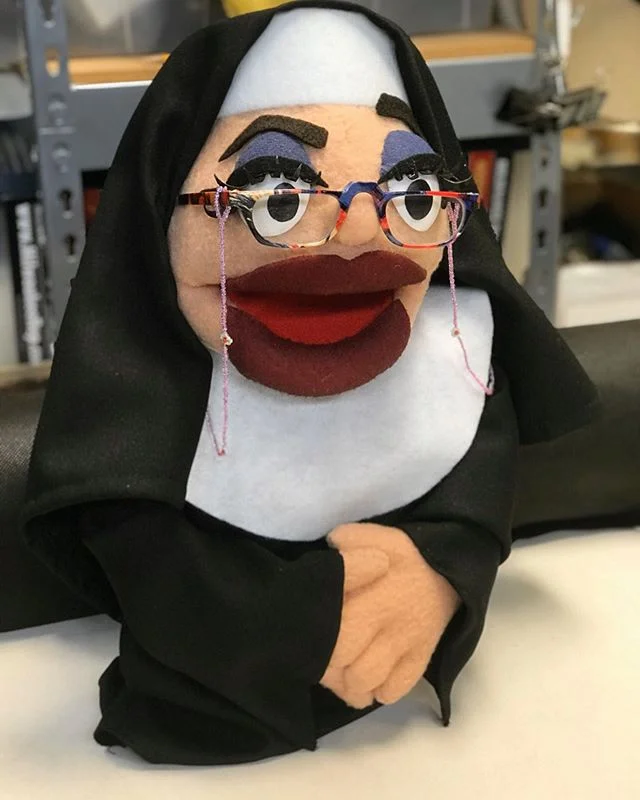 This is Sister Mary Annette, made for the Rep&rsquo;s upcoming production of Nunsense! She is made mostly of foam, antron fleece, and a whole lot of felt. Swipe through for some glamour shots, her &ldquo;before&rdquo; photo (her rehearsal prop/protot
