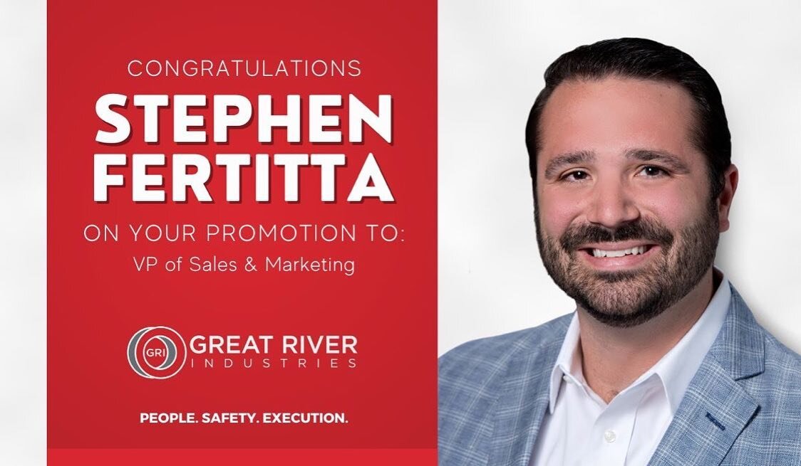 GRI is pleased to announce the promotion of Stephen Fertitta to Vice President of Sales &amp; Marketing! Please join us in congratulating Stephen on this well deserved promotion.

#gri360 #greatpeople
www.greatriver360.com