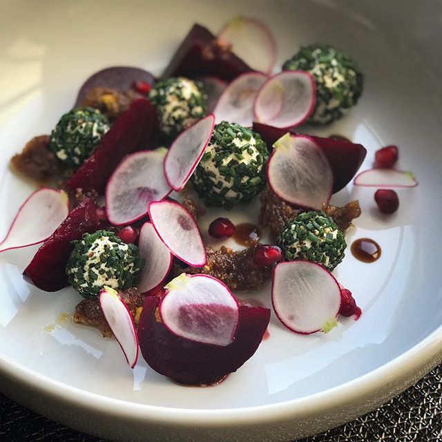 Beet salad with radish, pomegranate seeds, goat cheese with chives and a  pistachio and date vinaigrette #PrivateChef #privatedining #instafood #instagood #beetsalad #autumningredients #vegetarianfood